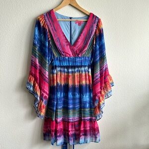 Betsey Johnson Multicolored Floaty Festival Dress Sheer Bell Sleeves Size 8